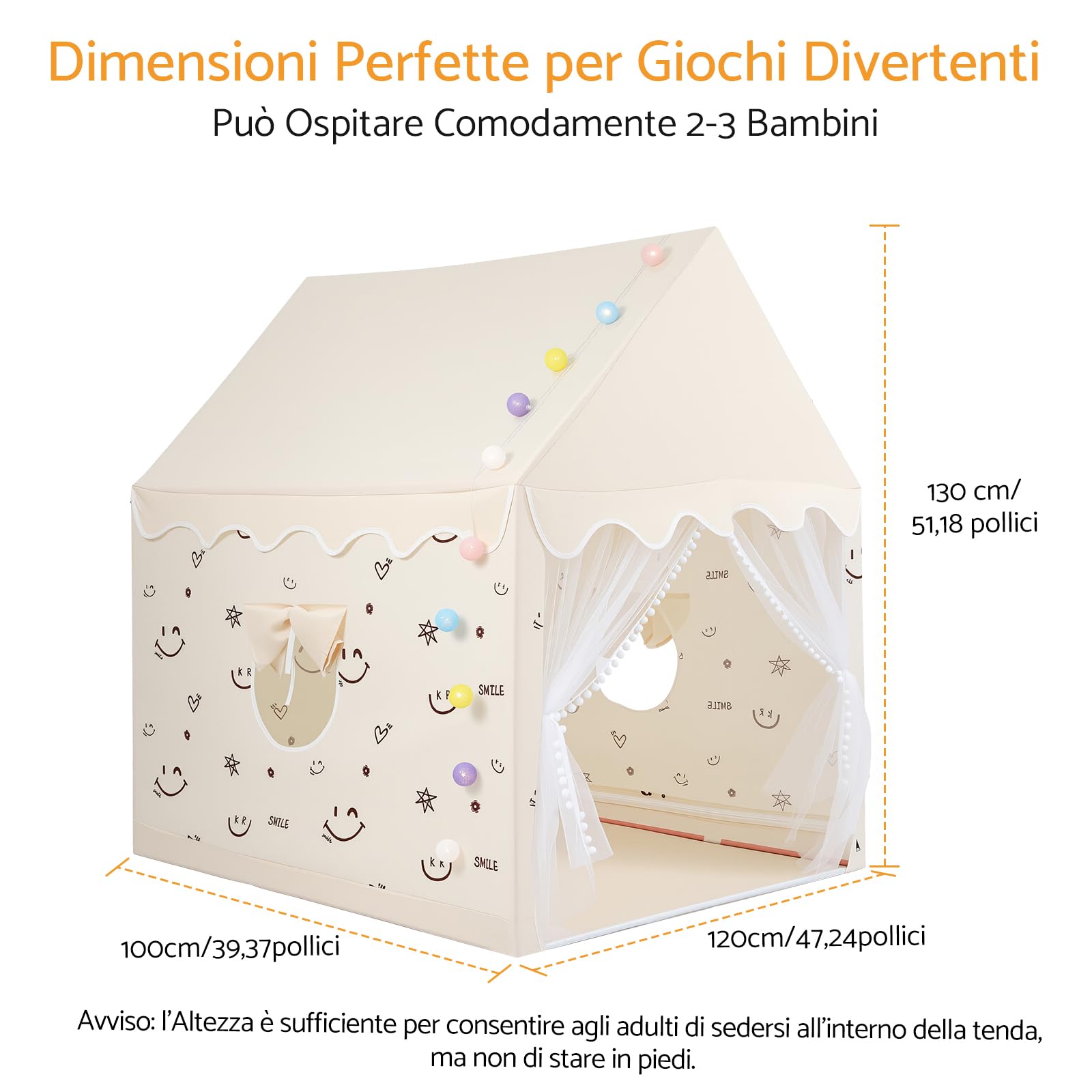 Tenda Gioco per Bambini 120×100×130 cm con Luci LED e Finestre | Capanna da Gioco per Bambini di 3-12 Anni Spaziosa e Portatile per Interno ed Esterno, Montaggio Rapido in 10 Minuti