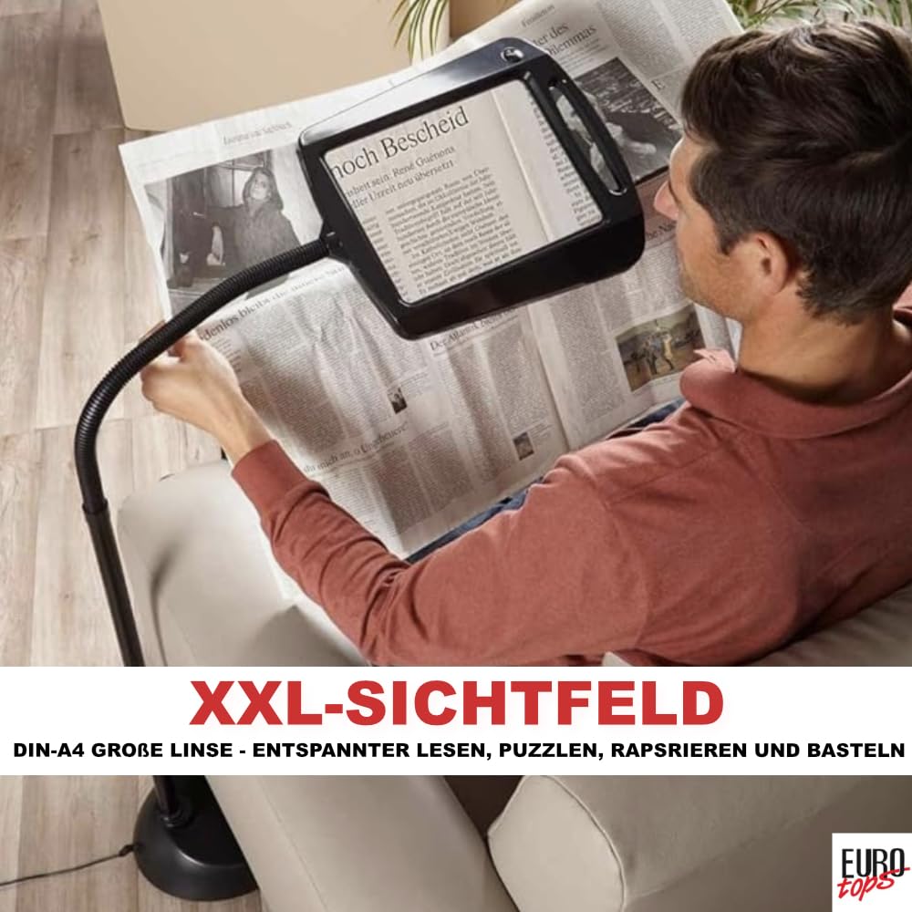 EUROtops Lupa LED maxi con soporte, aumento de 3 veces, campo de visión XXL, ayuda de lectura flexible con iluminación LED, altura ajustable hasta 160 cm, ideal para lectura y manualidades