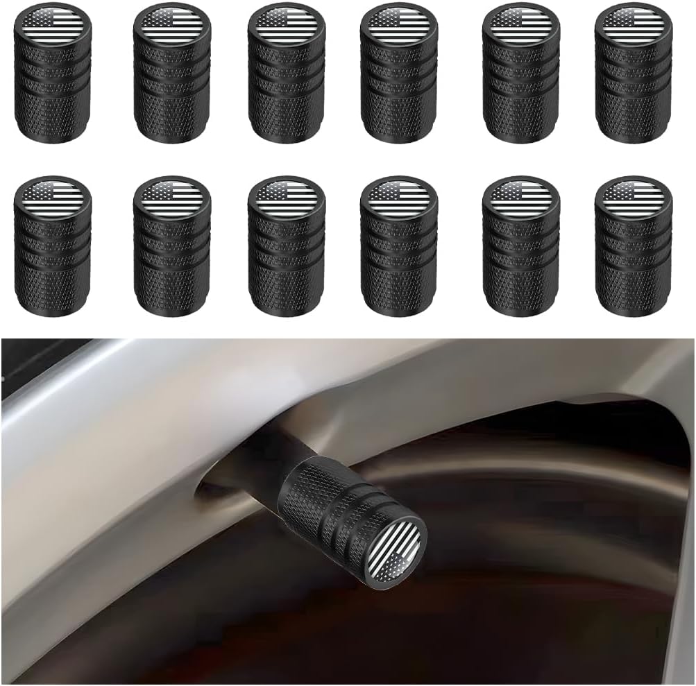 12PCS Car Tire Valve Stem Covers, American US Flag Vehicle Air Pressure Stem Caps, Leakproof Corrosion Resistant Aluminum Auto Exterior Accessories for SUV, Truck, RV（Black/Black Flag）