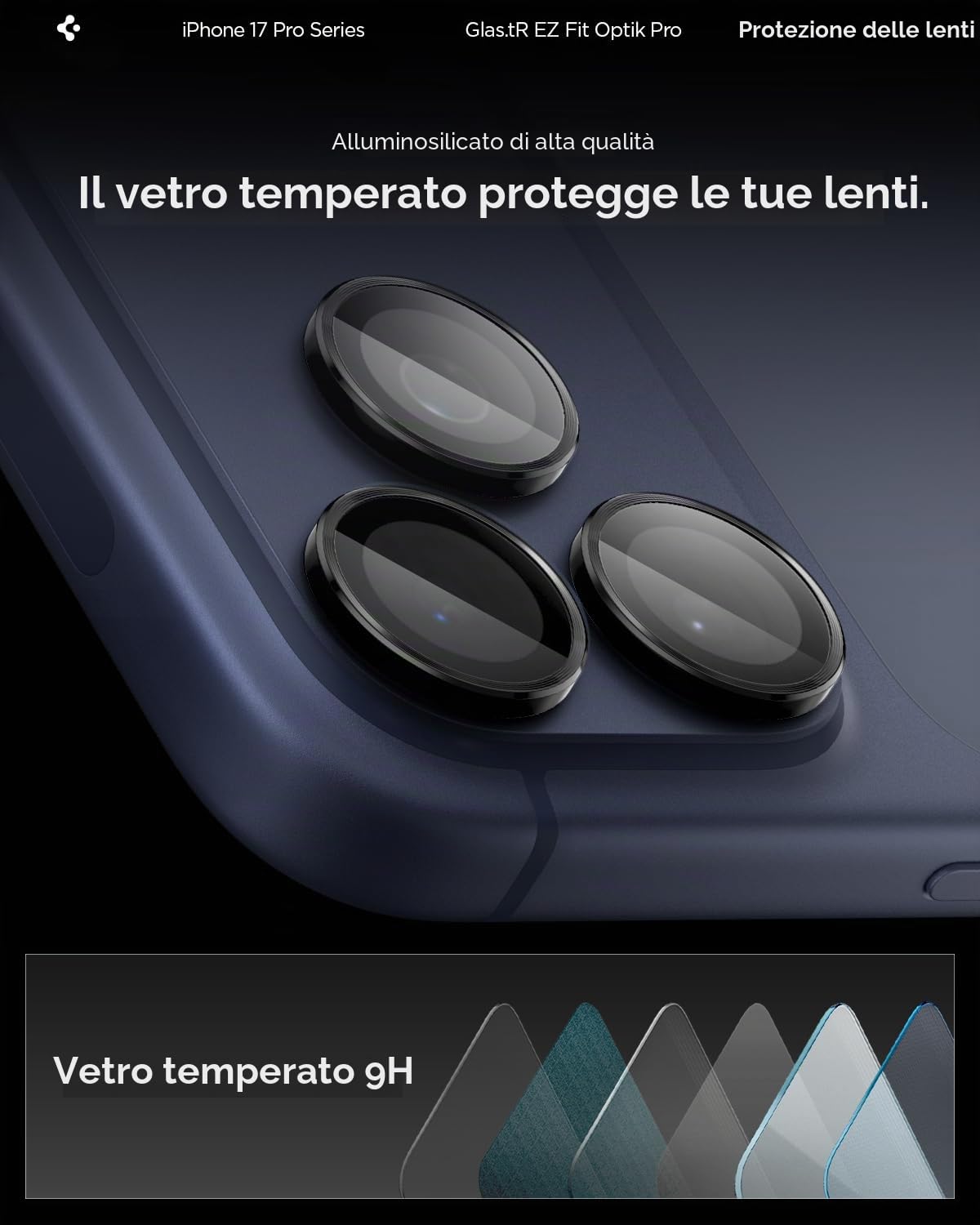 Spigen Protezione Fotocamera compatibile con iPhone 15/16/17 Pro, iPhone 15/16/17 Pro Max, 2 Pezzi, Titanio nero, Anello Individuale, Durezza 9H Pellicola prottetiva