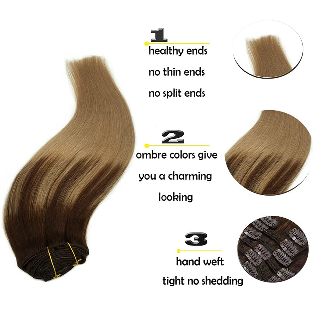 GOO GOO Clip in Hair Extensions Real Human Hair, Remy Human Hair Extensions Clip ins for Women, Natural Human Hair, 14inch 120g 7Pcs, 4/18 Balayage Chocolate Brown Highlighted Dirty Blonde thumbnail