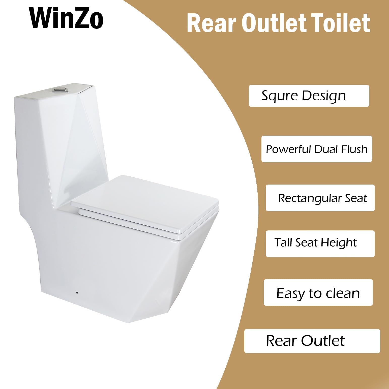 WinZo Rear Outlet Toilet Rectangular Bowl with Diamond-shaped Sleek Design Square Dual Flush,Back Wall Discharge For Basement,White