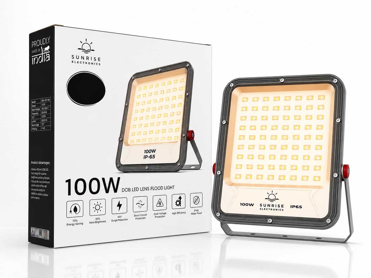 100W Hybrid Lens LED Flood Light - Super Bright Outdoor Light, IP65 Waterproof (Rainproof), Energy Saving Die-Cast Body -Warm White-image-10
