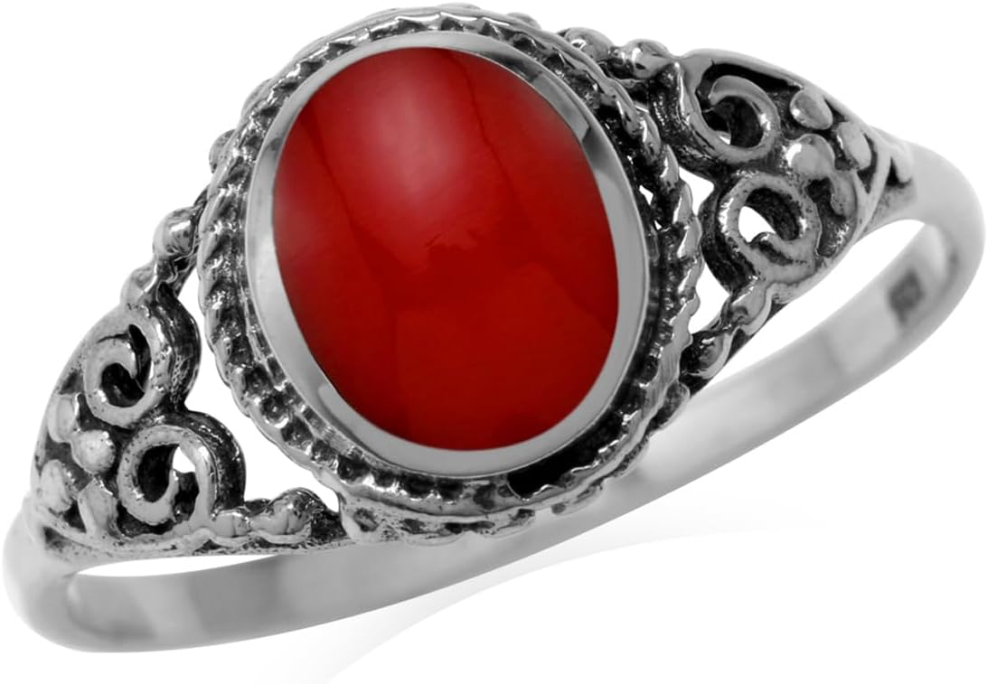 Silvershake 8x6mm Oval Shape Inlay 925 Sterling Silver Filigree Victorian Style Ring