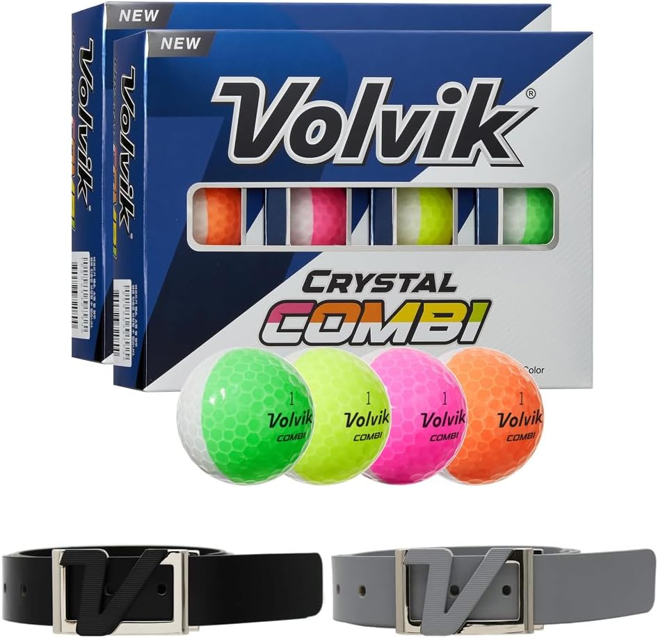 Volvik New Crystal Combi Dual Color Golf Balls Bundle with Genuine Italian Real Solid Leather Belt, Unisex