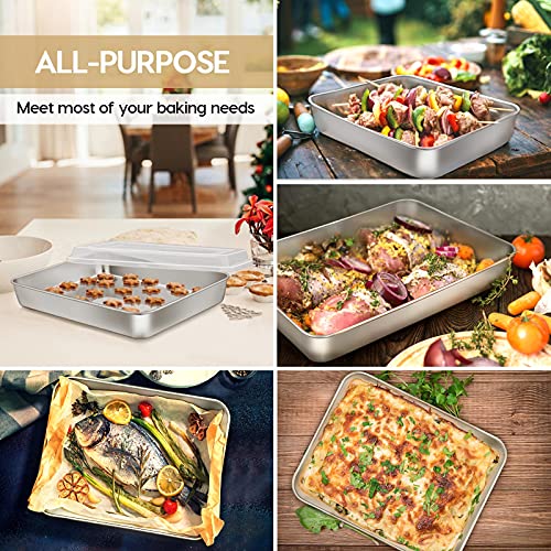 Baking Pan With Lid(12.4/10.4/9.4 Inch), E-Far Stainless Steel Rectangular Sheet Cake Pans With Cover, Metal Bakeware Sets For Lasagna Casseroles Brownie, Non-Toxic & Dishwasher Safe - 3 Pans + 3 Lids #TOP5