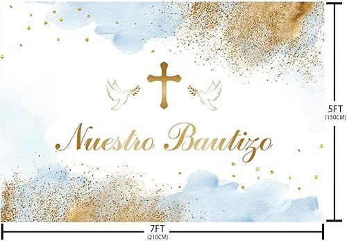 Miniatura 7 de Telón de fondo Mi Bautizo de 8 x 6 pies para niños Nuestro Bautizo Baby Bautizo Bautizo Fotografía Fondo Azul Acuarela Nubes Doradas Cruz Paz Paloma