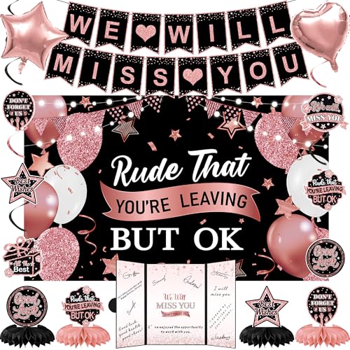 Holkcog Rude That YouRe Leaving But Ok Banner Farewell Party Decorations for Women Going Away Gifts Signing Guestbooks Cards With Black Pink Glitter Perfect for Office Coworker Goodbye Party Decor