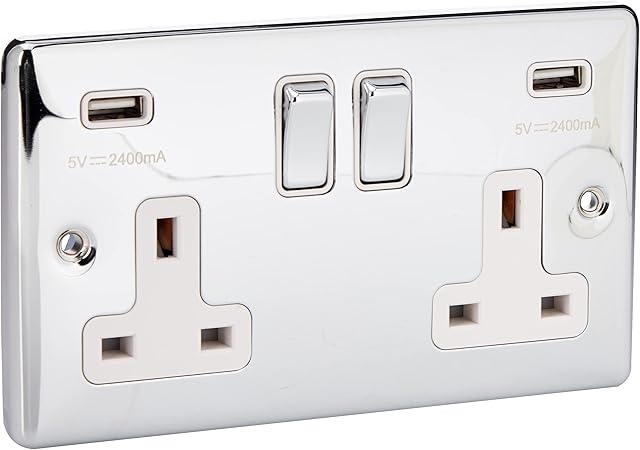 AET CPC2GUSBWC Polished Chrome Classical 2 Gang Socket w Charging Ports White Insert Metal Rocker Switches-13 Amp Double Plug Socket & Dual USB Power Outlet