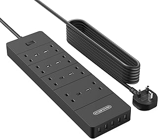 3m Extension Lead with Superior Surge Protection, Wall Mounted NTONPOWER Multi Plug Extension with 5 USB Slots Switched 13amp 8 Point Power Strip- Black