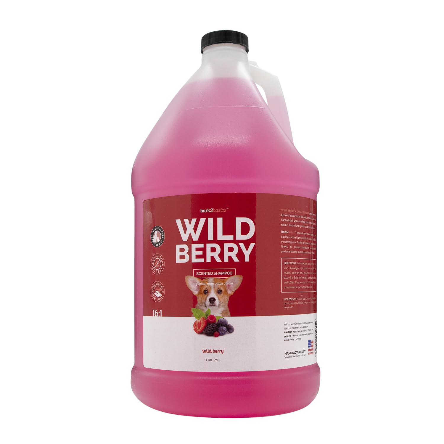 Bark2Basics Wild Berry Dog Shampoo, 1 Gallon | Unique Herbal Blend, Finest Natural Ingredients, Handcrafted, Soap-Free & Cruelty-Free, Protects and Nourishes Skin and Coat