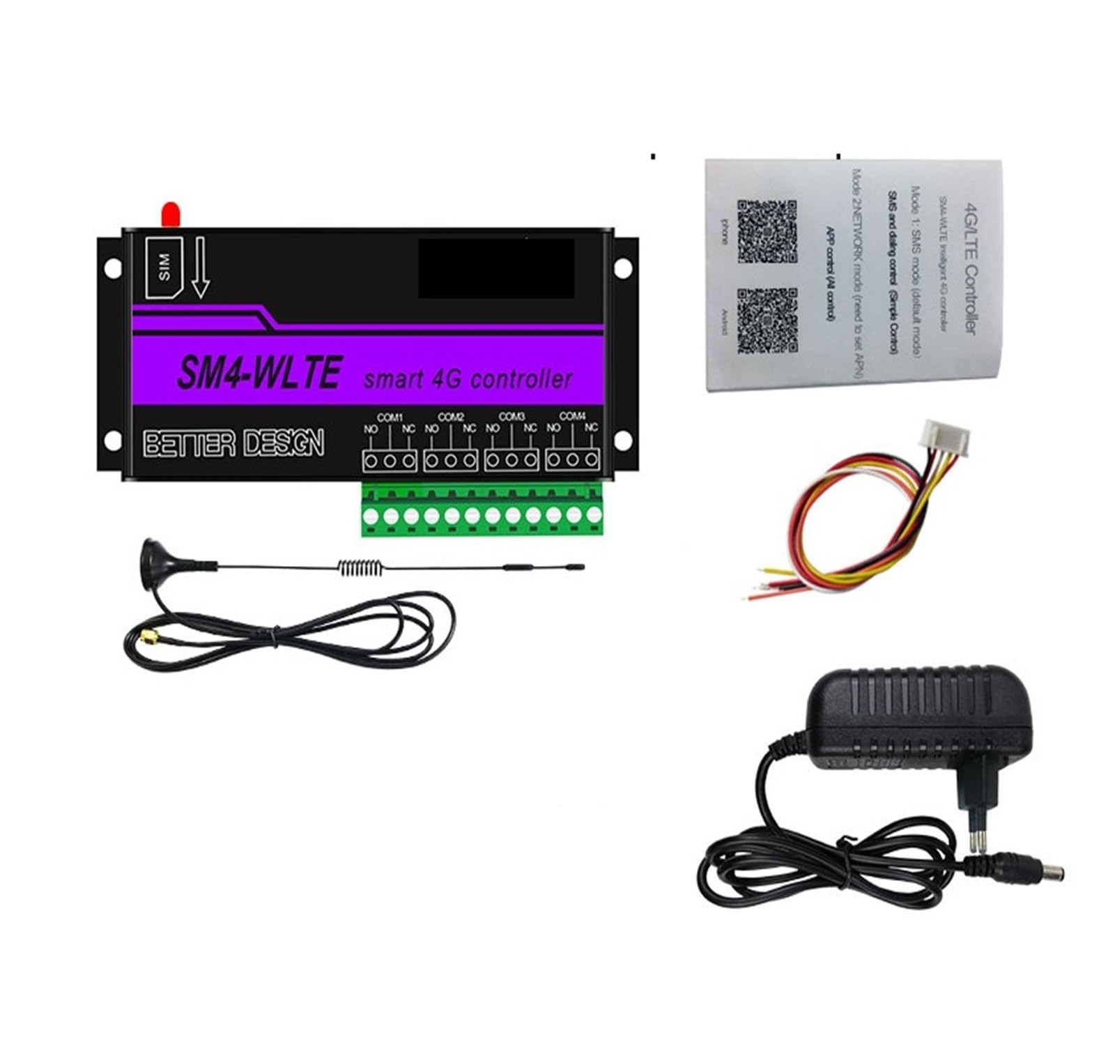 Controlador de aplicación remota SMS GSM 4G LTE, interruptor de encendido/apagado de relé de 4 canales for Control de Motor de abridor de puerta(Kit3)