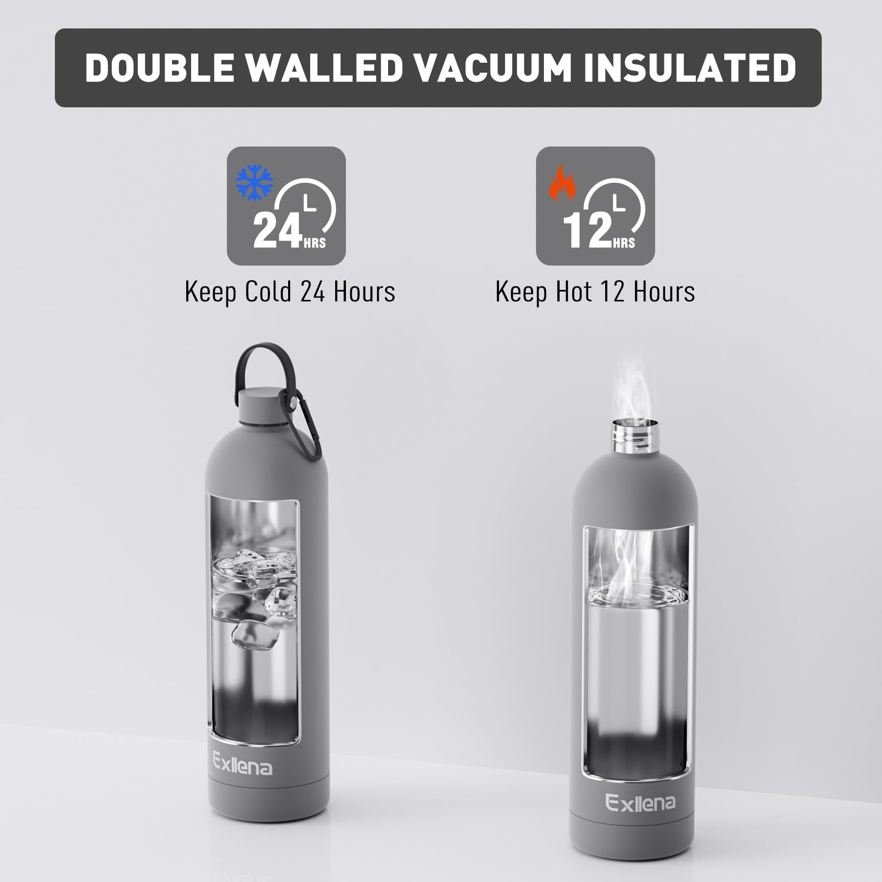 Exllena Borraccia Termica 1,5 Litri con Maniglia e Moschettone -Borraccia 1,5 Litri Mantenere Calore/Freddo - Senza BPA - 100% A Tenuta Stagna per Escursioni, Campeggio, Viaggi, Sport...(Grigio)