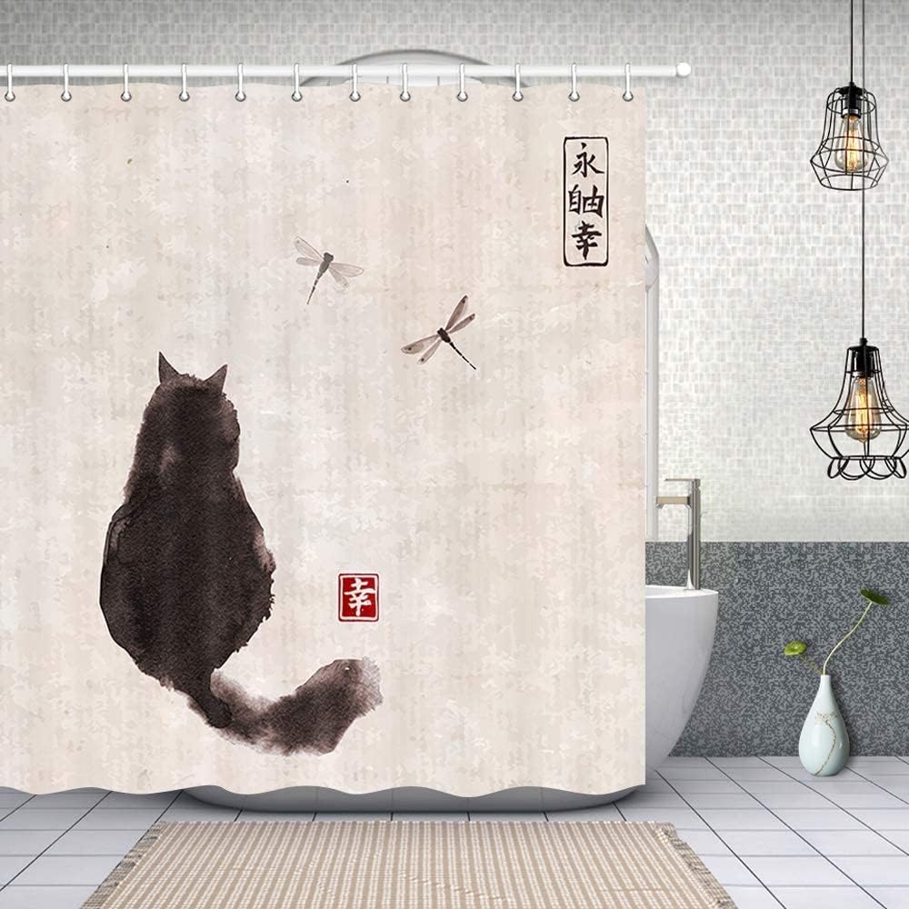 NYMB Asian Style Traditional Japanese Ink Painting Shower Curtain, Black Fluffy Cat Watching Over Dragonflies on Vintage Fabric Shower Curtain for Bathroom, Japan Bath Curtain, 69X75in
