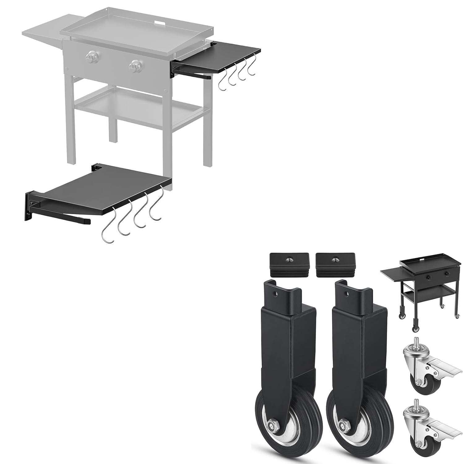 Universal Caster Wheels and Side Shelf for Blackstone 28" Griddle, Griddle Parts for Blackstone Accessories with Brake, 360 Degree Silky Swivel, Side Table with Paper Towel Holder, 4 Utensil Hooks
