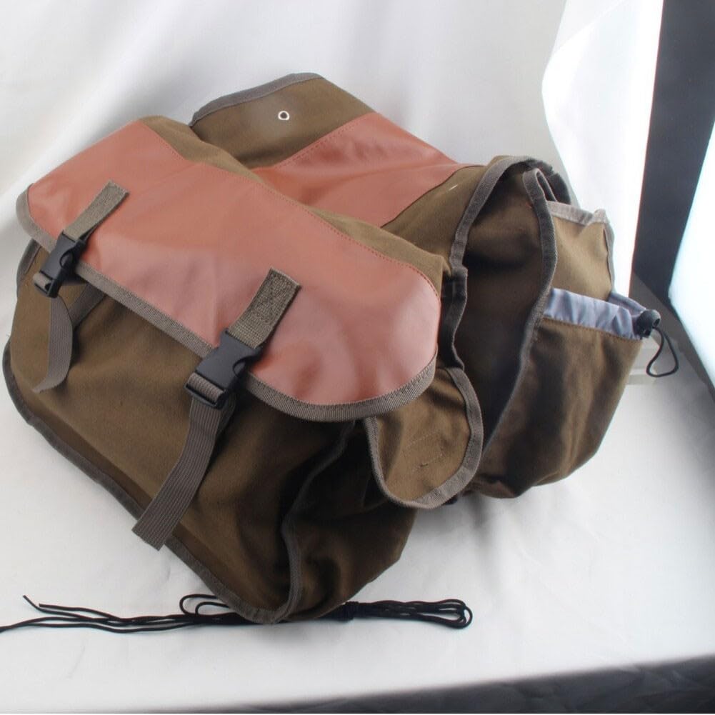 Borsa da bici posteriore in tela con cuciture in pelle, resistente, per pendolari e viaggi, scomparti multipli fissati da chiusura con fibbia (cammello)