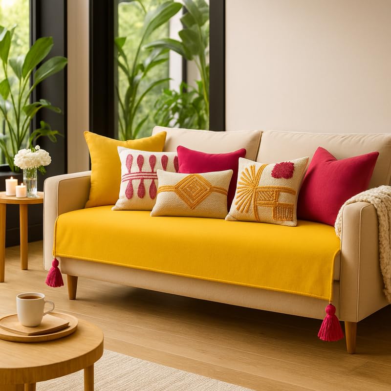 Image of Light Yellow Tassels 3+2+1 Sofa Set Cover:Sofa Throw Living Room Home Decor, Sofa Seat Cover -Set of 3 Seat Covers- 6 Seater Water Proof Sofa Cover with Tassel Set (3+2+1 Seater)|