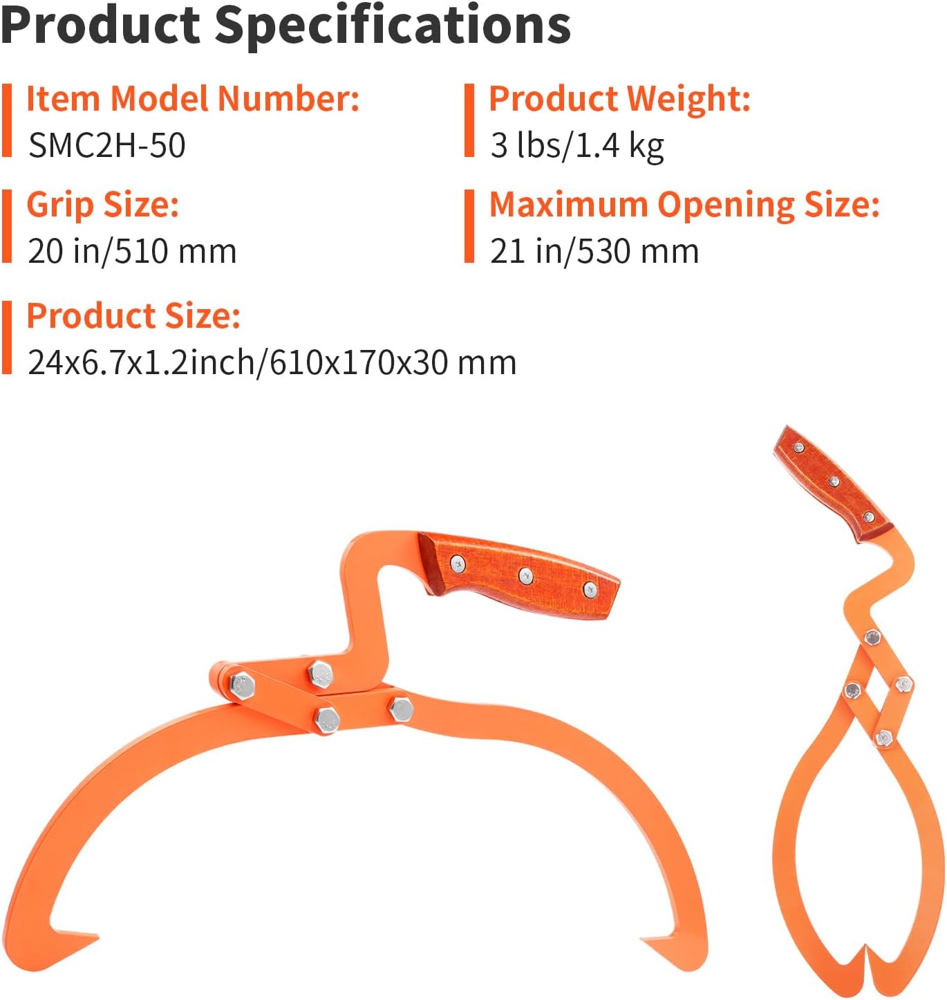 20 Inch Logging Tongs Logging Skidding Tongs with Non Slip Grip 2 Claw Stainless Steel Hand Log Grapple, Handling, Log Tongs Grapple Lifting, Dragging Carrying Logging Tool Equipment Orange