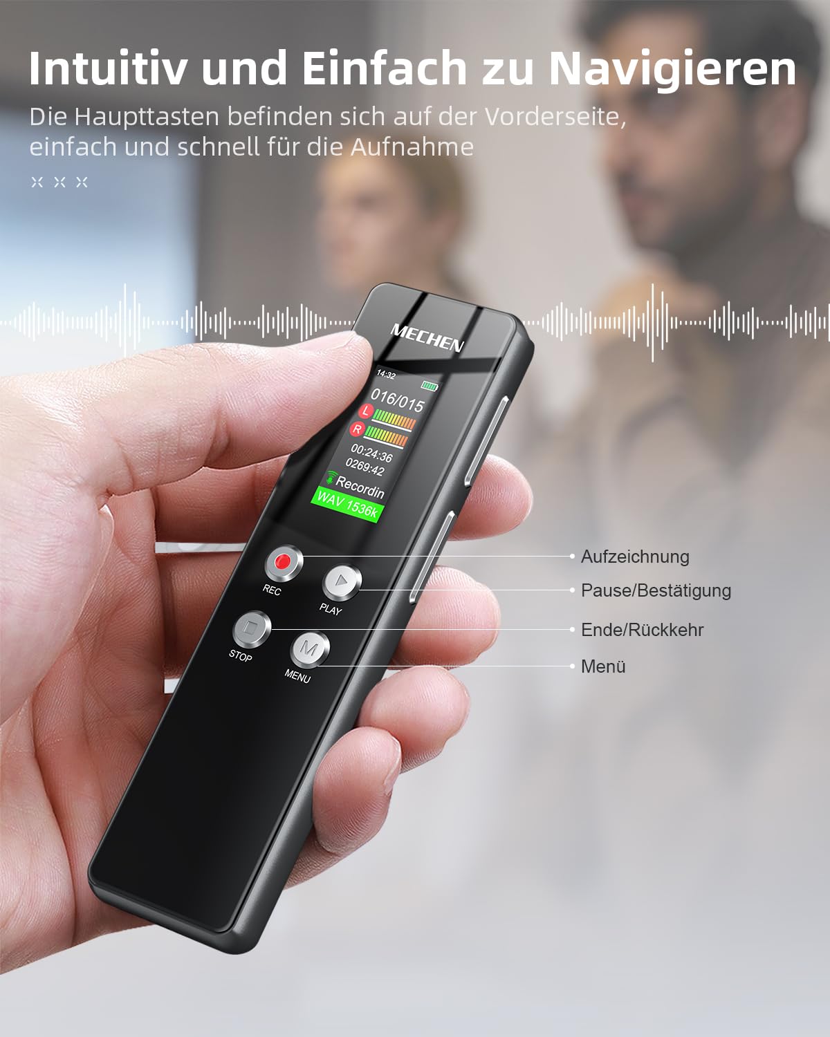 MECHEN 128GB Digitale Diktiergerät, One-Touch-Aufnahme, Sprachsteuerung, 1536kbps Tragbares Voice Recorder, USB C, für Interviews/Klassen/Meeting (128, GB)