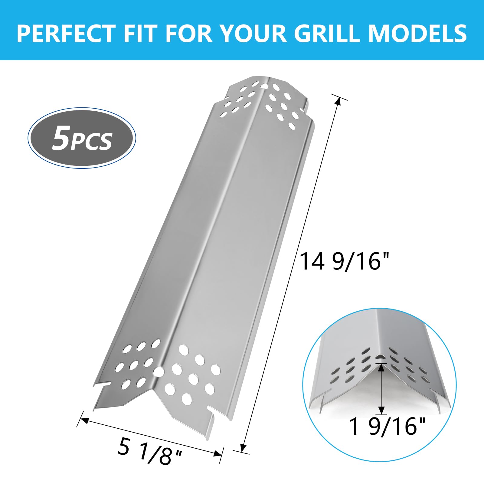 BBQ Heat Shields Barbecue Burners for Nexgrill 5 Burner 720-0888,720-0888N,Nexgrill 720-0830H,Members Mark 720-0882D,Stainless Steel Heat Plate Flame Tamer for Nexgrill BBQ Replacement Parts,5 Pack - 3