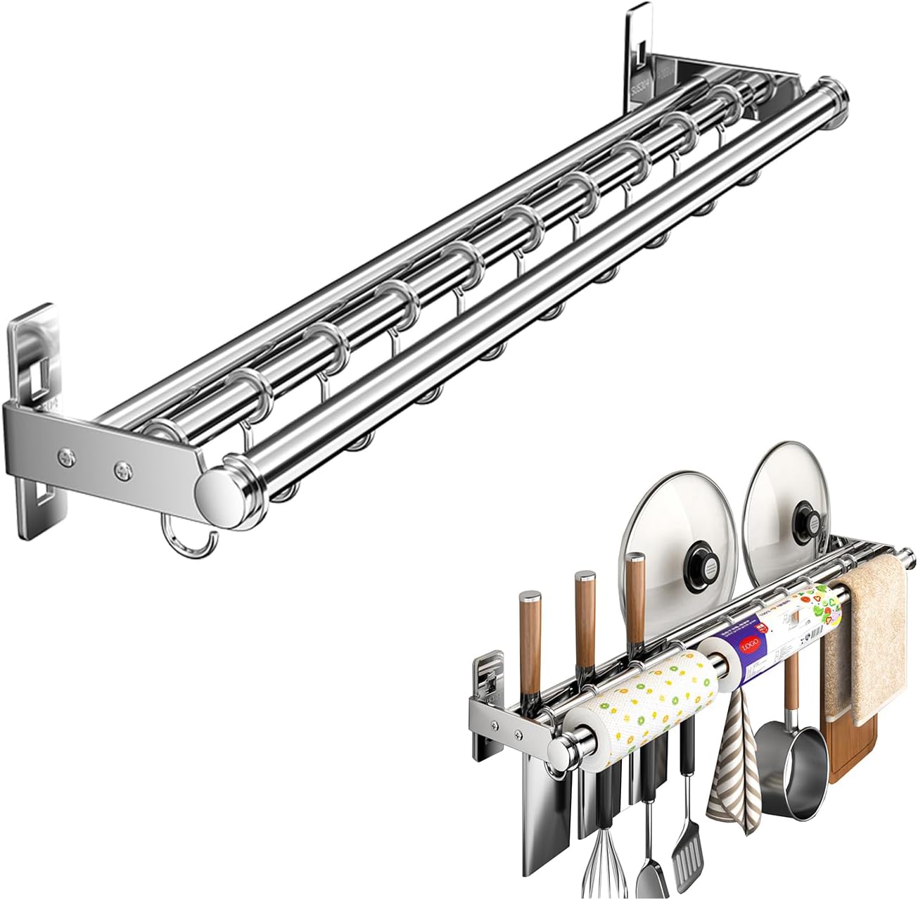 Hanging Wall Mount knife Wall Mount, Kitchen Organizer Storage Shelf for Utensils Spatula Spoon, Space-Saving Knife Rack with Hooks,Wall-Mounted Utensil Holder (Silver, 60CM+Three Poles+10Hooks)