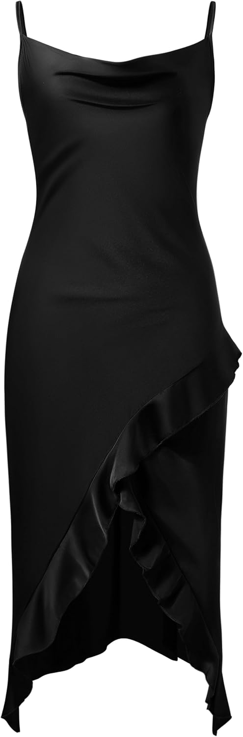 PRODESIGN Slip Dress for Women - Sleep Dress Nightgowns Silky Slit Ruffle Hem Spaghetti Strap Sleepwear Nightdress Lingerie - Image 5