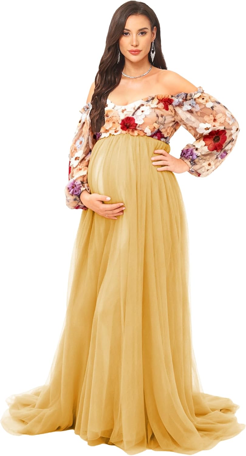 Tulle Maternity Dress for Photoshoot Off The Shoulder Baby Long Sleeve Maternity Dress with Floral Embroidery