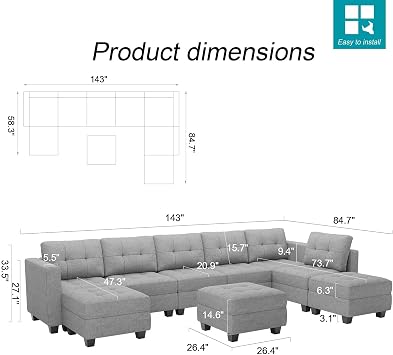 Belffin Oversized Convertible Modular Sectional Sofa with Reversible Chaise Sectional Couch with Storage Ottoman Seats U Shaped Sofa Set Light Grey