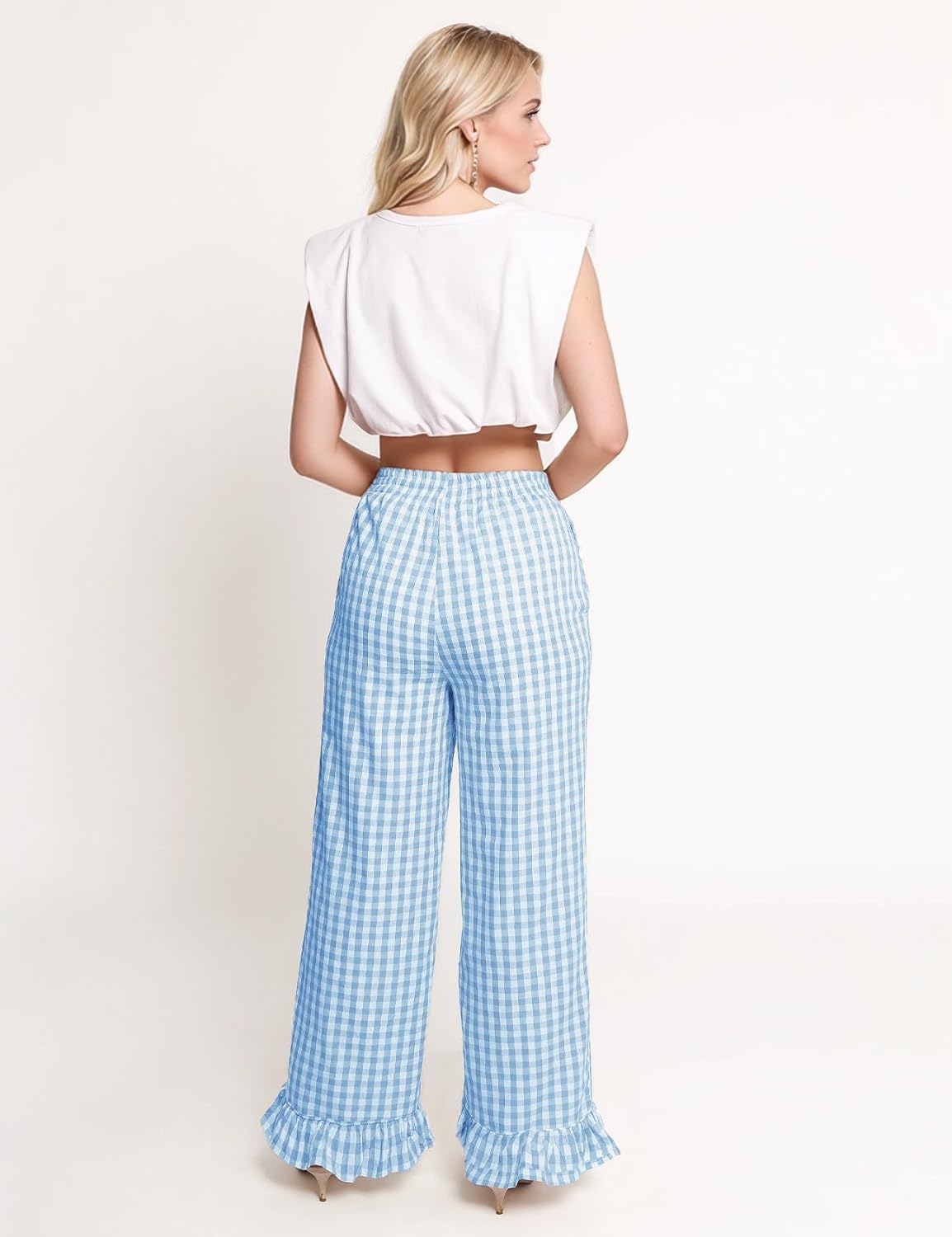 Flygo Women's Gingham Pants Y2K Cotton Wide Leg Ruffle Hem Lounge Pants Plaid Elastic Wasited Trouser with Pockets(Blue-S) - Image 2