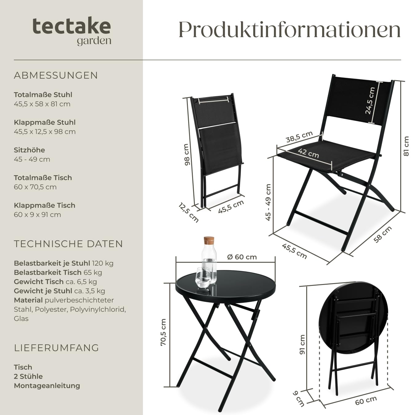 tectake® Bistroset, Tisch und 2 x Stuhl, Kleiner runder Esstisch, Klapptisch und Klappstühle Set… – Ansicht 5
