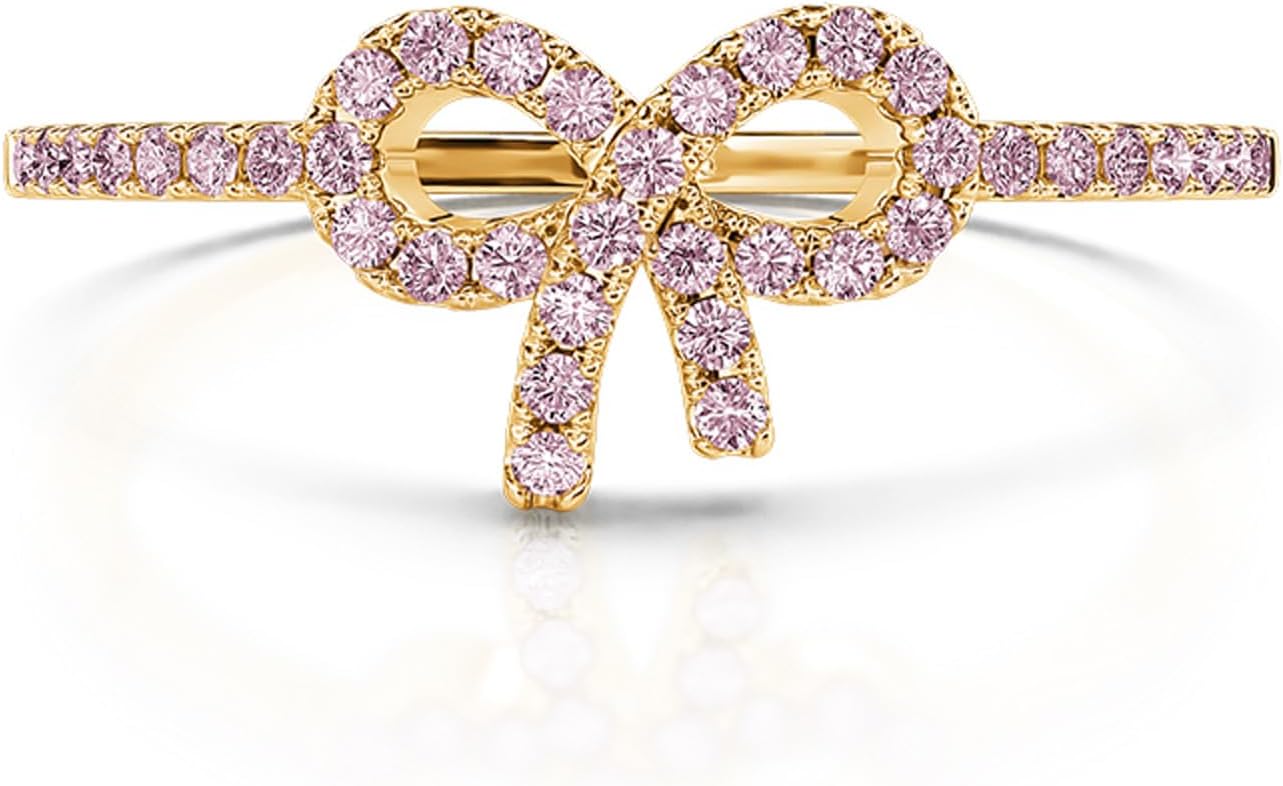 Jeulia Pink Bow Ring for Women;Sterling Silver Pink Pavé Bow Ring Trendy Delicate Ring for Her Cubic Zirconia Bow Tie Knot Ring Jewelry Gift For Friends with Gift Box