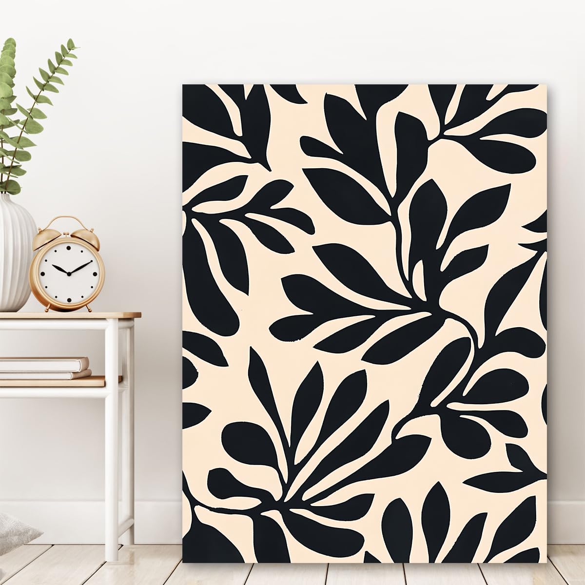 CHERHERART Minimalistyczna roślina ścienna na płótnie abstrakcyjny obraz botaniczny drukowany czarny beżowy wzór plakat na płótnie do salonu sypialni biura 70 x 90 cm struktura wewnętrzna