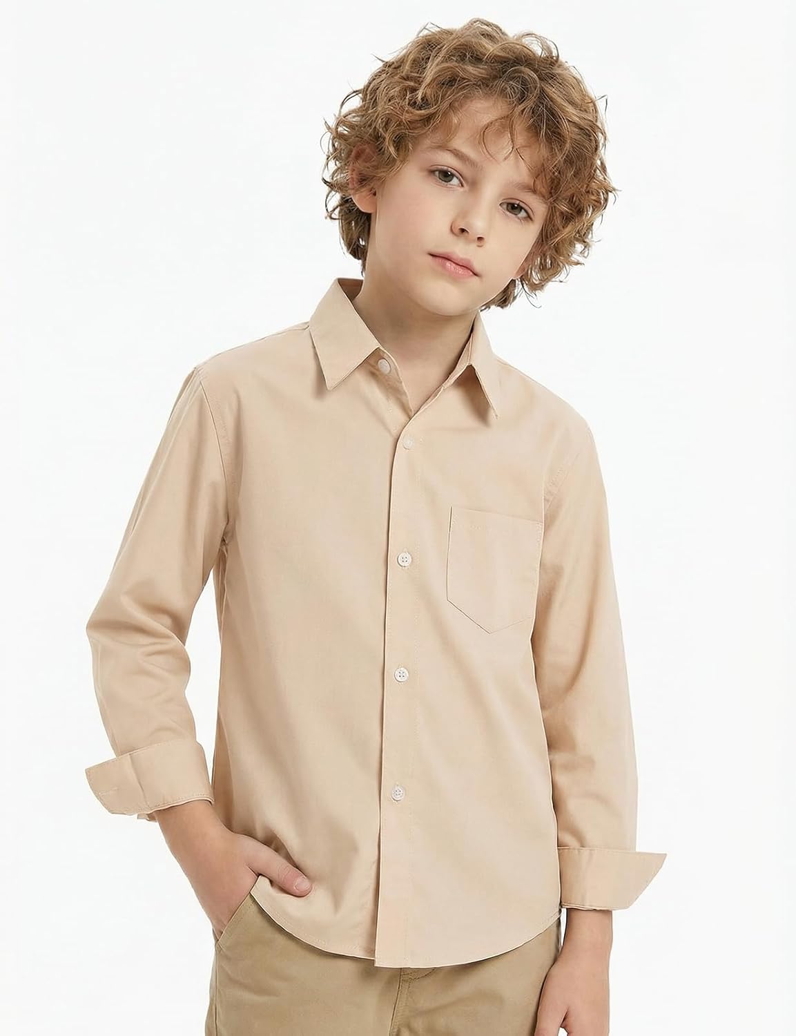 Spring&Gege Boys' Cotton Dress Shirt Long Sleeve Casual School Uniform Woven Button Down Shirt - Image 2