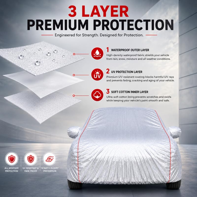 Image of Premium Car Cover for Citroen C3 Model | Waterproof, UV & Dust Protection | Mirror & Antenna Pocket | Triple Stitched, Soft Inner Lining, Belt & Buckle (Metalic Silver)