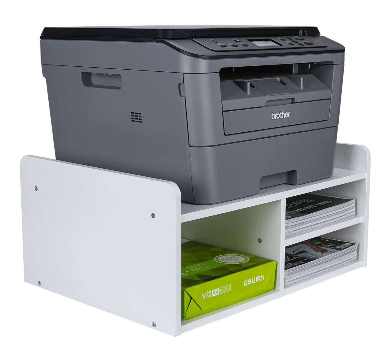 EasyPAG Supporto Stampante da Scrivania 4 Compartimenti Legno,Ripiano per Stampante,Organizzatore Carta A4 per Ufficio & Casa,Bianco
