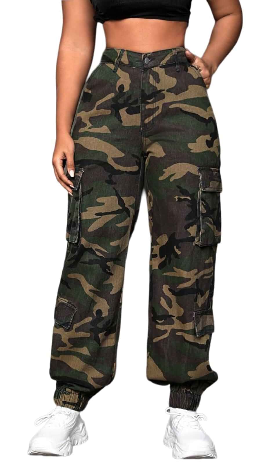 CaniBtr Women's Cargo Jogger Camo Pants with Pockets Tapered Hiking Pants Women's cargo pants with pockets,tapered silhouette and elastic ankle cuffs,shows the curve of your long legs very well