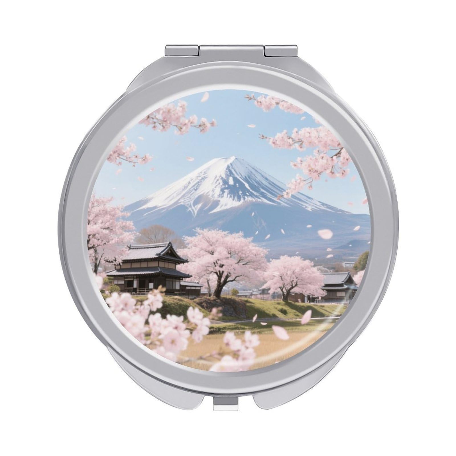 Fekiloot Style Mt. Fuji Cherry Blossoms Travel Makeup Mirror Handheld Compact Mirror Portable Pocket Mirror Double-Sided 1X/2X Magnifying For Handbag And Purses