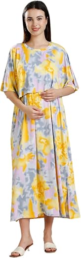True Shape Maternity Gown for Women | Knitted Polyester Zipless Feeding Poncho Night Dress with Attached Cape, Easy Nursing & Convenient Pockets for Pre & Post Pregnancy