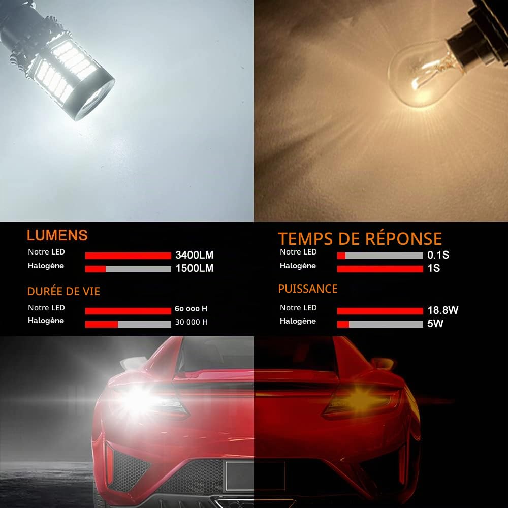 2PCS ampoule p21w led canbus anti erreur, 1156 BA15S ampoule voiture led brillant 89 SMD 12V Convient aux feux de recul (Blanc)
