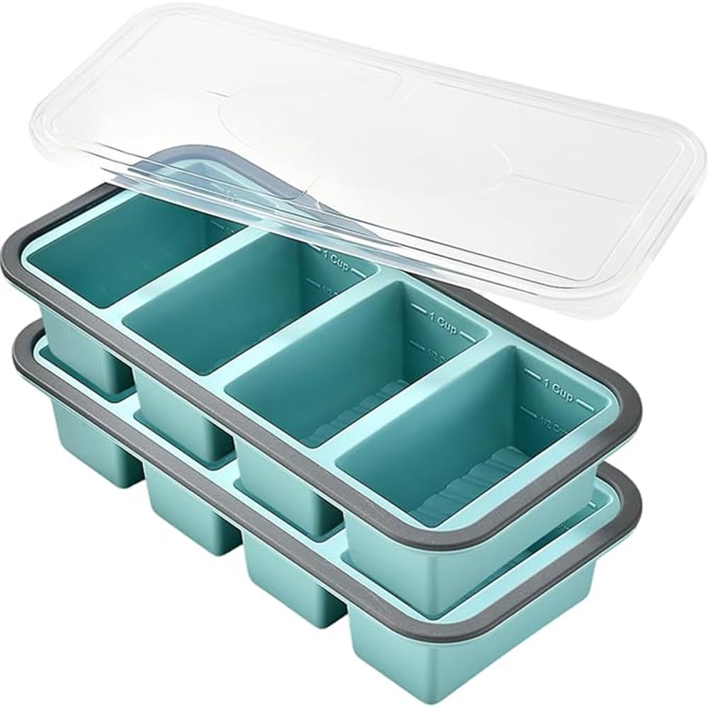 Hooolee® 2 Pack Silicone Soup Freezer Containers with Lid, 4-Compartment Ice Trays for Freezer with Steel Reinforced Rim, Stackable Large Silicone Moulds for Freezing Broth, Sauce, and Meal Prep