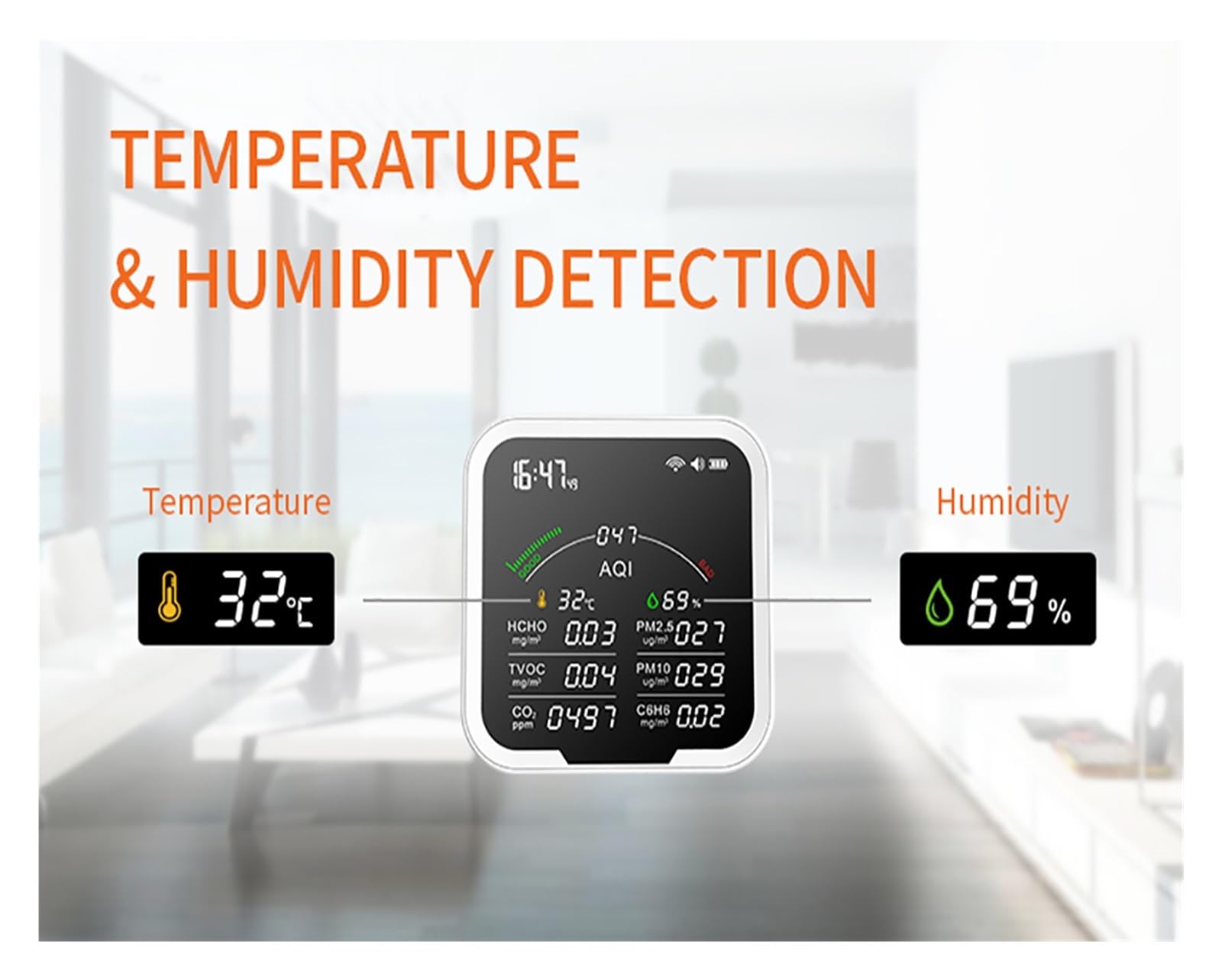 Monitor jakości powietrza w pomieszczeniach 9 w 1 Monitor ści powietrza HCHO/TVOC/CO2/PM2,5/PM10/C6H6 detektor dwutlenku węgla 4,8-calowy miernik temperatury i wilgotności do domu, kuchni, biura, samo