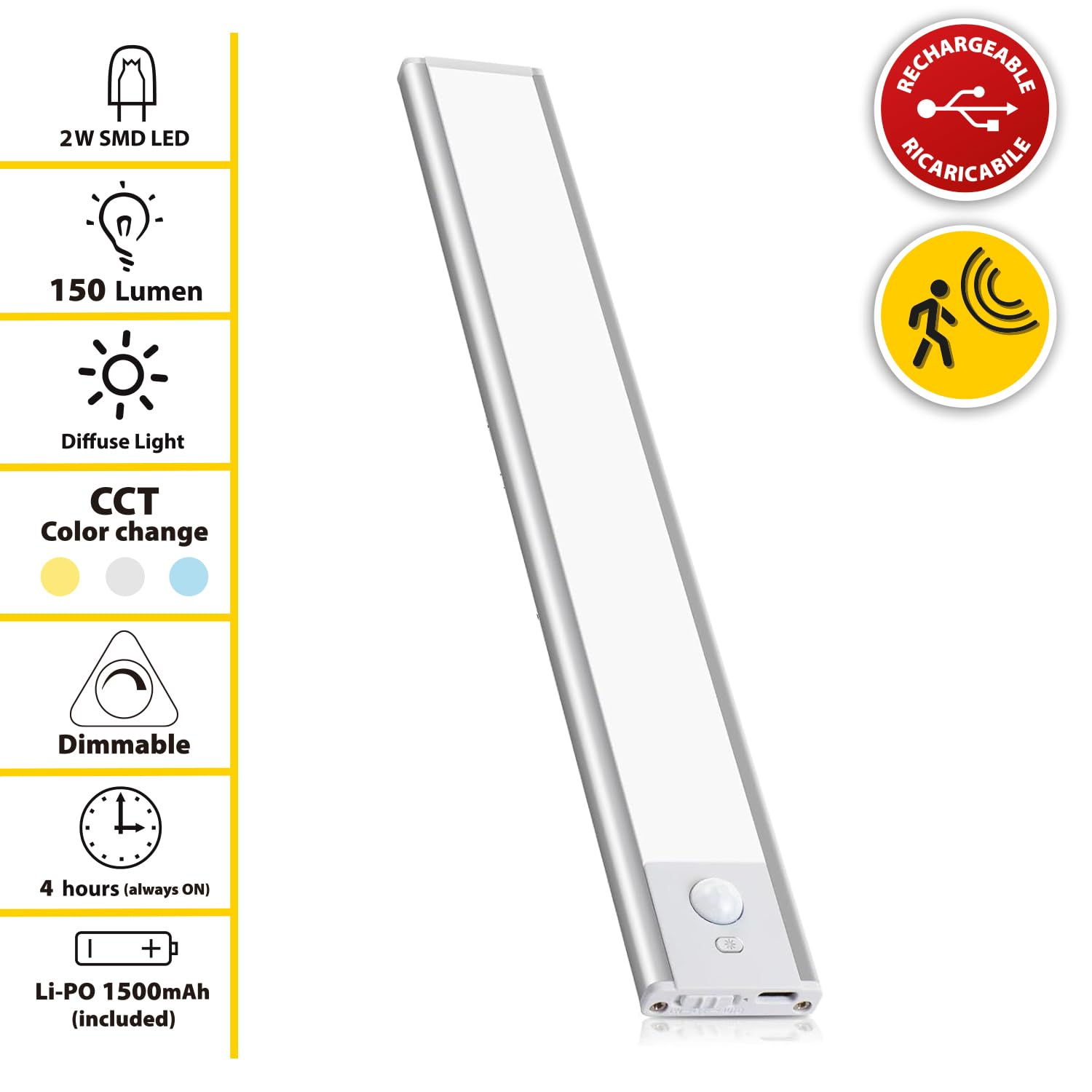 Velamp Lactea XL Luce LED Ricaricabile da Sottopensile 40 cm – 150 lm, Dimmerabile (3000 K, 4000 K, 6500 K), Batteria Inclusa, Facilità di Installazione – Ideale Cucina, Armadi, Mensole
