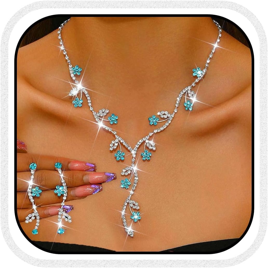Unicra Rhinestone Bridal Wedding Jewelry Set Silver Necklace Earrings Sets Flower Formal Prom Costume Jewelry Sets for Women and Brides