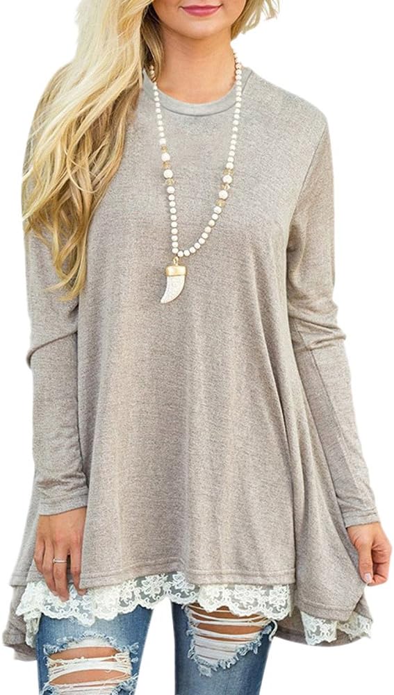 Afibi Women Lace Long Sleeve A-line Swing T-Shirt Loose Tunic Top Blouse
