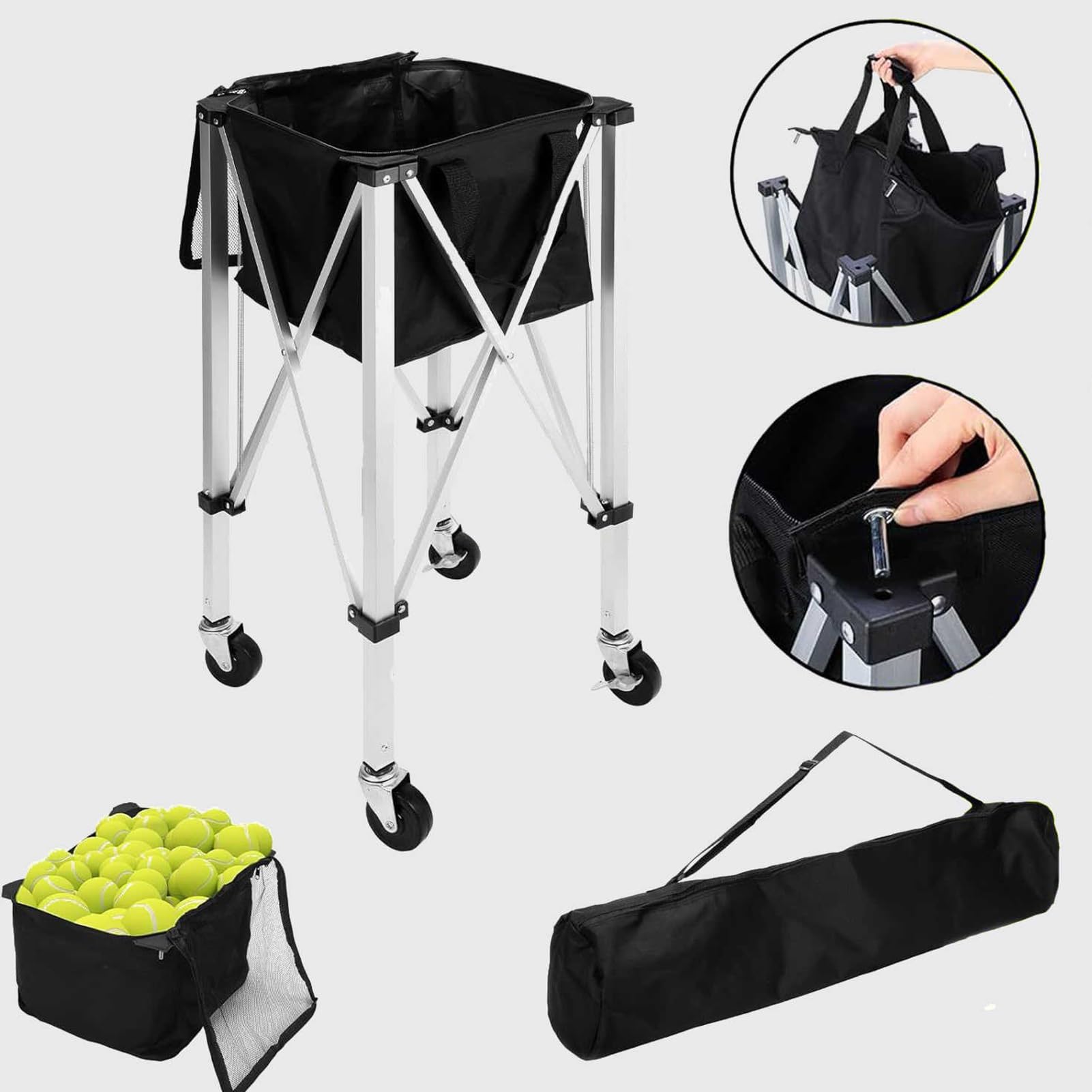 Generico Tramoggia For Palline Da Tennis Extra Large | Cestino pieghevole for palline da tennis con ruote e borsa rimovibile, for baseball/softball