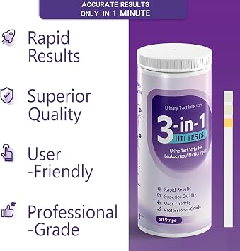 AssuTest UTI Test Strips - 3-in-1 Advanced Urinary Tract Infection Home for Women Men Kids Detection with Accurate Leukocytes, Nitrite, and PH Readings, Simple at-Home Urine Test Strips, 50ct