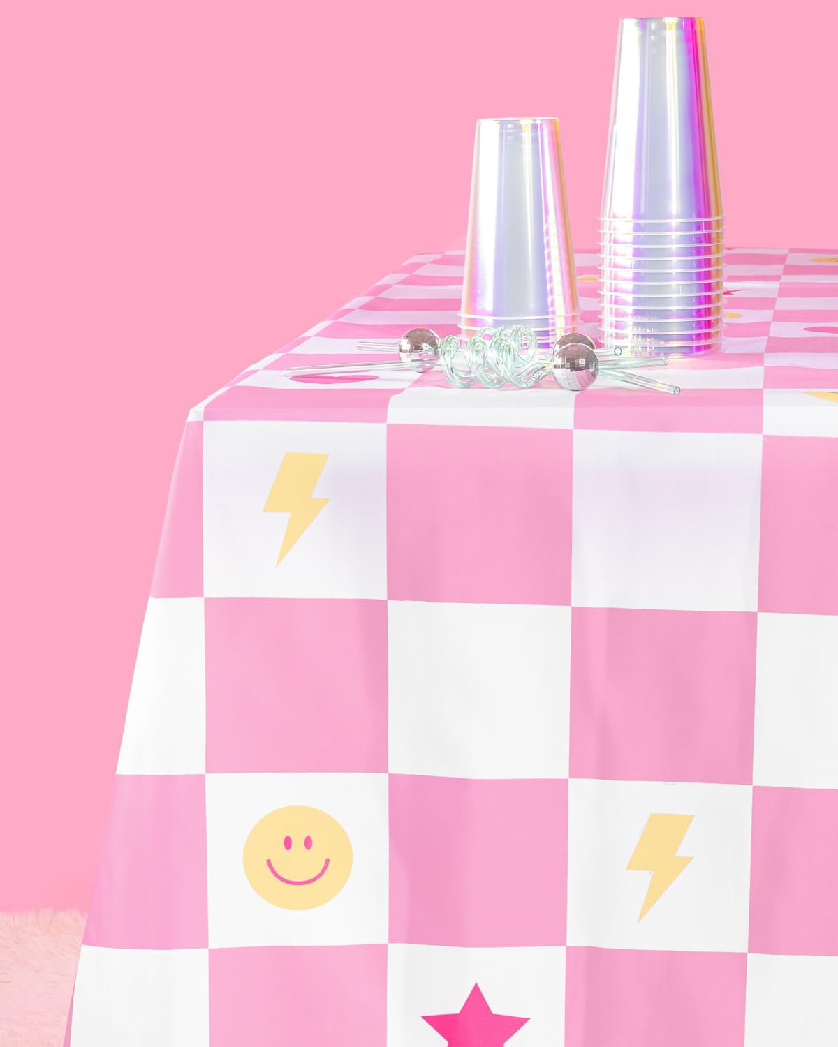 xo, Fetti Preppy Checker Washable Tablecloth - 9ft. | Birthday Party Decorations, Smiley Bachelorette Party Supplies, Rainbow Baby Shower, Pastel Preppy, Tableware (Pack of 2)