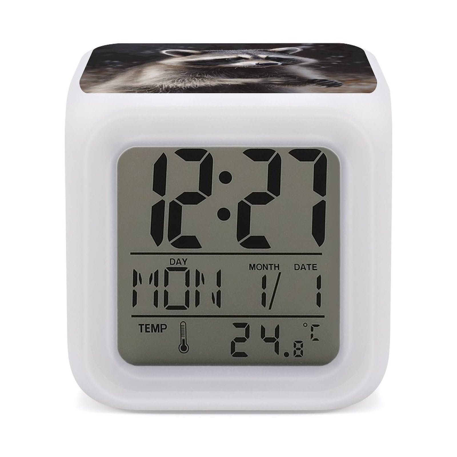 JTREHY Raccoon Alarm Clock Seven Color Night Light Digital Clock Precision Reliable Alarms Clocks for Bedroom Heavy Sleepers Adults Gift for Men and Women