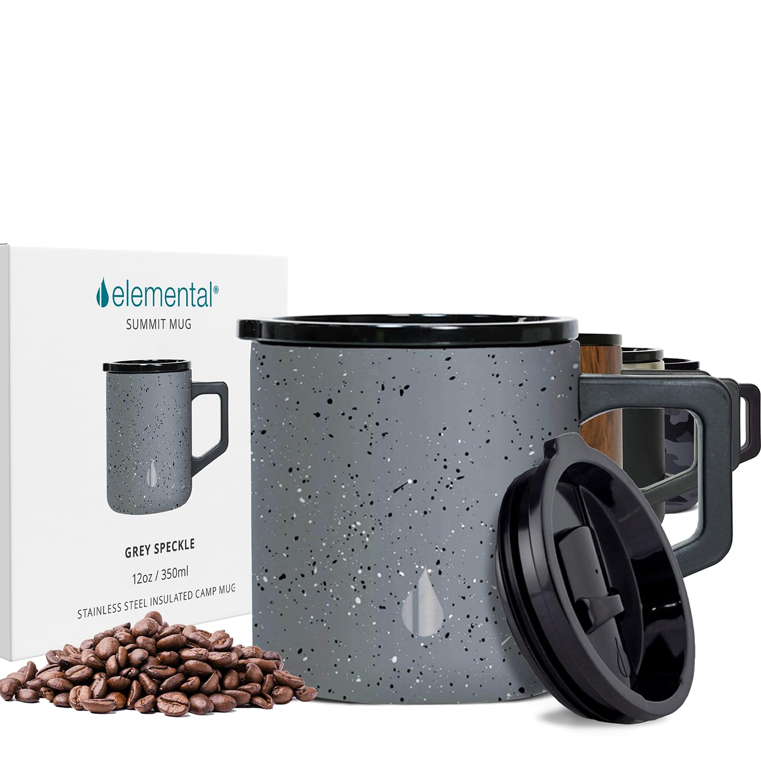 Elemental Insulated Coffee Mug - Triple-Wall Stainless Steel Summit Travel Cup for Hot and Cold Drinks - Thermal Coffee Mug with Lid and Handle for Camping, Office & Travel 12oz - Grey Speckle