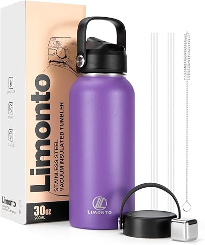 Miniatura 1 de Limonto Botella de agua aislada de 32 onzas con tapa de popote (2 tapas), botella de agua deportiva de acero inoxidable Vacumm de doble pared, taza